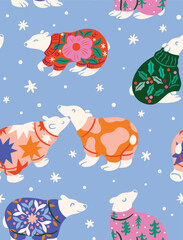 Pattern design. White polar bears in festive sweaters