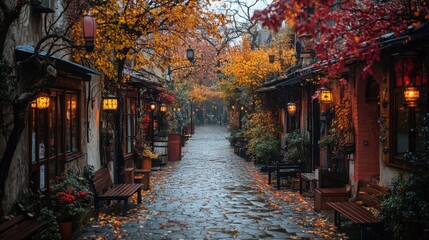 Stunning walkway adorned with benches and enchanting lanterns beneath a star-studded night sky