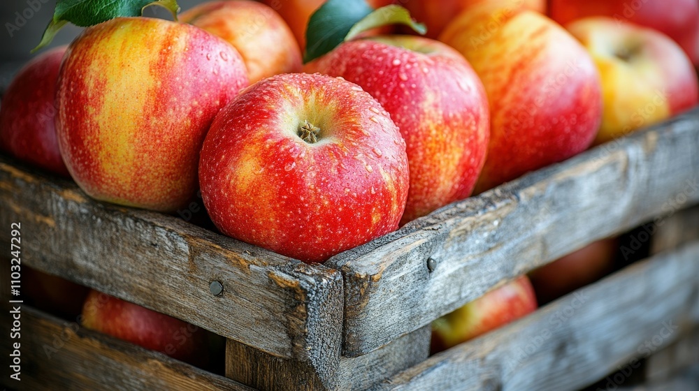 Poster a crate full of apples with a few of them being red and green. the crate is wooden and has a rustic 