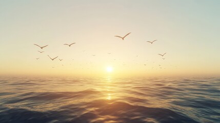 Obraz premium Sunset Serenity: Birds in Flight over Calm Ocean Waters