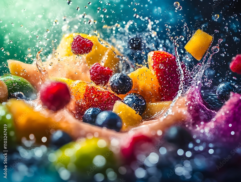Poster a vibrant splash of assorted fruits creating a colorful, refreshing scene.
