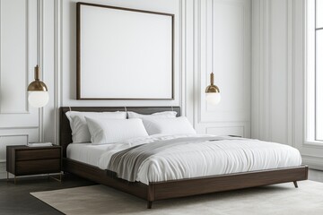 Minimalist bedroom interior with a large bed, a wooden bedside table, and a white wall with a large framed picture, perfect for showcasing your artwork or design.