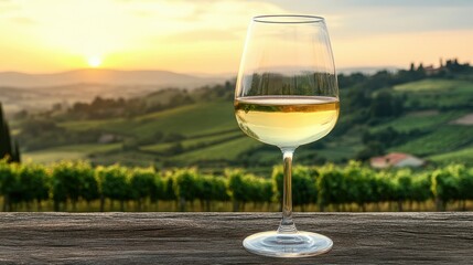 Obraz premium A glass of white wine is sitting on a wooden table in front of a beautiful vineyard. The sun is setting in the background, creating a warm and serene atmosphere. The wine glass is half full
