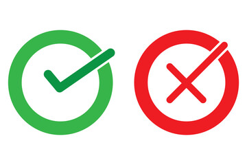 Green check mark and red cross icon.Set of simple icons in flat style: Yes-No, Approved-Disapproved, Accepted-Rejected, Right-Wrong, Correct-False, Green-Red, Ok-Not Ok. Vector illustration