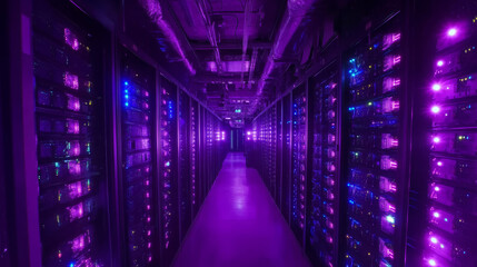 Fototapeta premium Data center or server room with servers of information cloud storage. Dark datacenter with light of data signals. Technology of computer warehouse of data. Hosting service conceptual tech background.