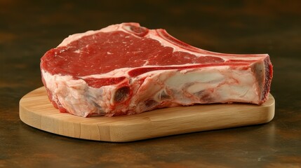 A piece of meat is on a wooden cutting board. The meat is cut off from the bone and is mostly white