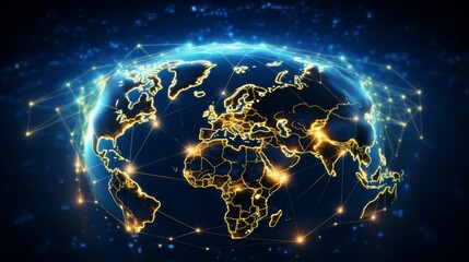 Futuristic world map illustrating global connectivity and technology with earth on a blue background