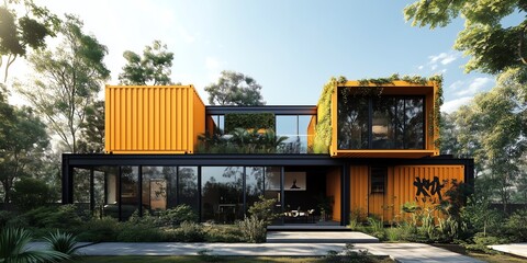 Eco-friendly urban home crafted from stacked shipping containers, lush greenery, rooftop garden, sleek design, vibrant colors, sustainable living concept.