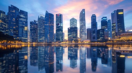 Fototapeta premium Sustainable city future evening skyline urban landscape reflection