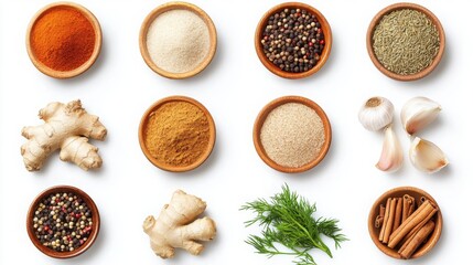 Variety of aromatic spices including garlic, ginger, red paprika powder, and more displayed in bowls from a top view