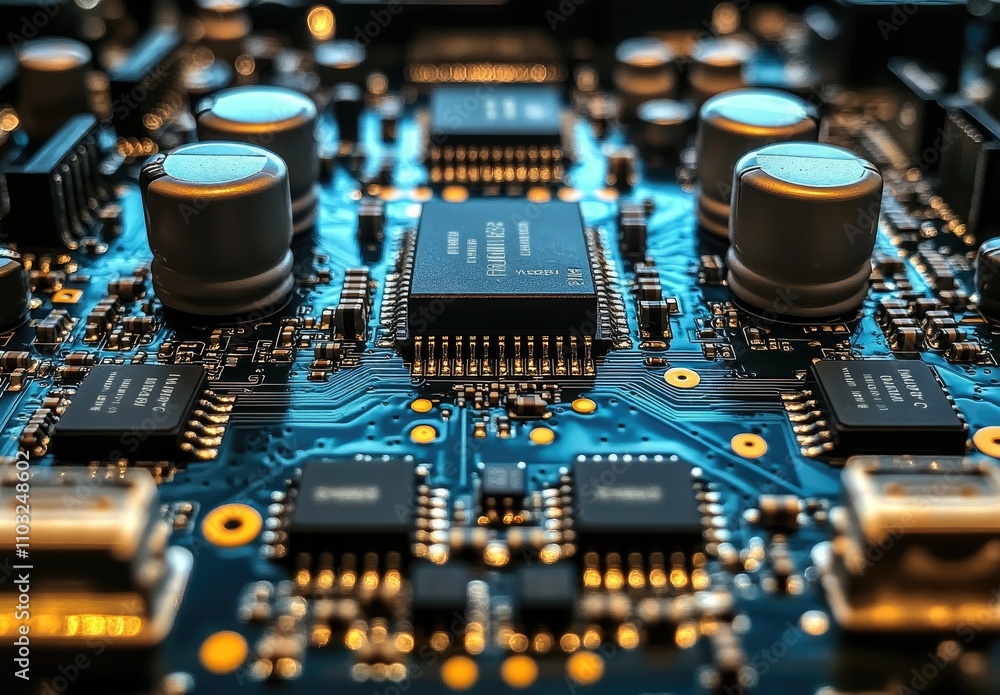 Poster a close-up of a circuit board showcasing electronic components and connections.