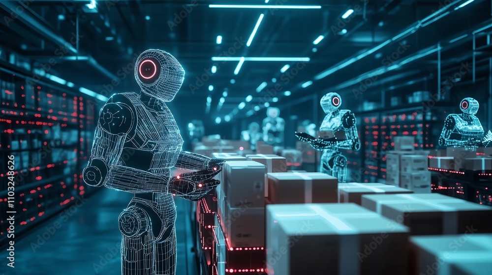 Poster abstract autonomous robots sorting and organizing goods, highlighted by low poly wireframe, glowing 