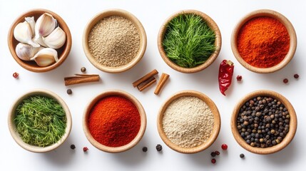 An array of vibrant spices is arranged neatly in bowls, featuring garlic, ginger, red paprika, and assorted herbs on a clean white background.