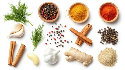 An array of vibrant spices is arranged neatly in bowls, featuring garlic, ginger, red paprika, and assorted herbs on a clean white background.