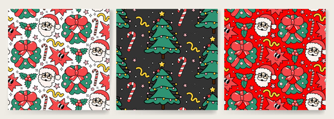 Set of Holiday Xmas seamless pattern with Christmas Tree, toys, Santa Claus in trendy groovy style in red, green, colors. Christmas vector design for season greeting card, banner, poster, print