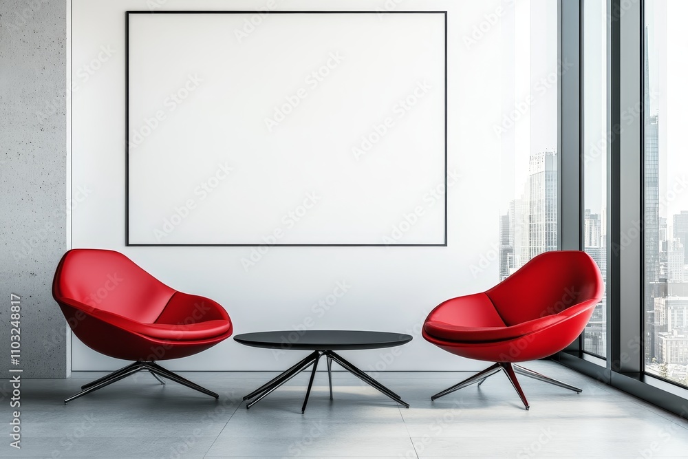 Poster Two red chairs with a coffee table in front of a blank white canvas, sitting in front of a large window with a city view.
