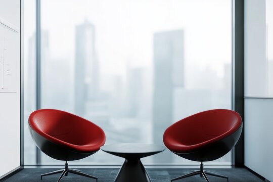 Two red chairs and a small round table are placed in front of a large window with a view of a cityscape.