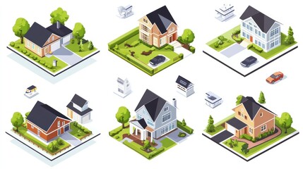 Collection of Isometric Suburban Houses: Dream Homes, Residential Architecture, Real Estate Designs