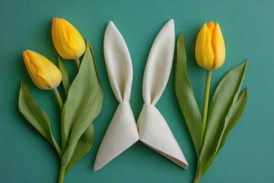 Easter concept with yellow tulips, bunny-ear napkin, and eggs on a green background. Flat lay, top view, copy space for text. Stock photo contest winner, banner, Easter theme, copy perspective.