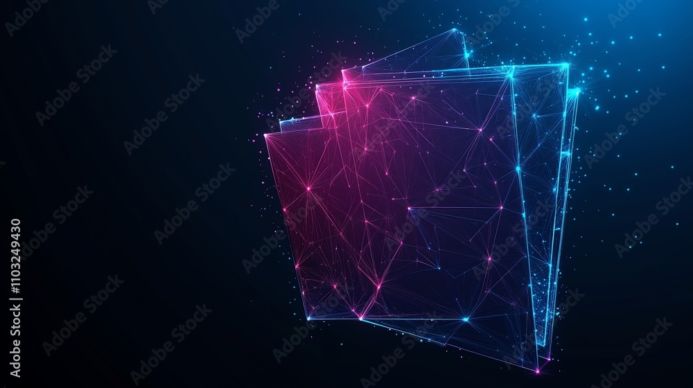 Poster abstract document icon with dark blue background, styled in low poly wireframe and glowing particles