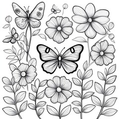 Obraz premium Doodle line water color Stylized flowers and butterflies illustration.
