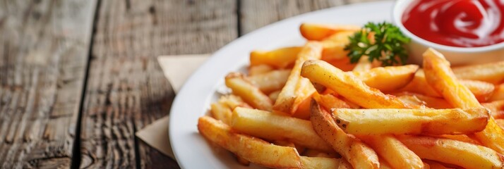 Fries or French Fries with Tomato Sauce, Sweet Potato Finger Chips, Golden French-Fried Potatoes