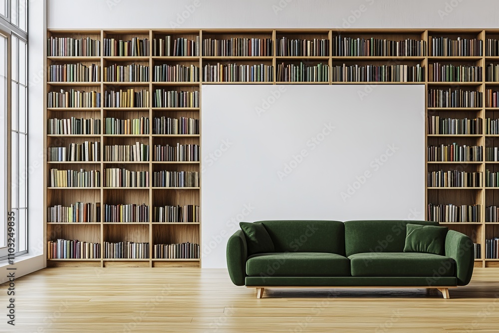 Aufkleber A green sofa sits in front of a large blank canvas in a room with floor to ceiling bookshelves.