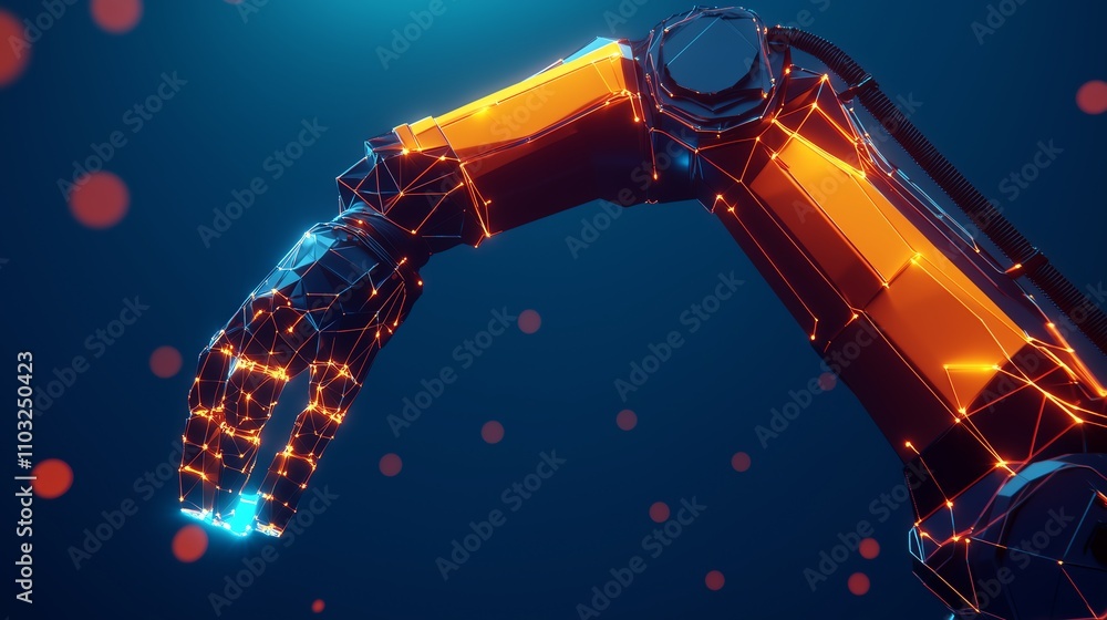 Poster low-poly wireframe robotic arm assembling a glowing object with intricate geometric designs, industr