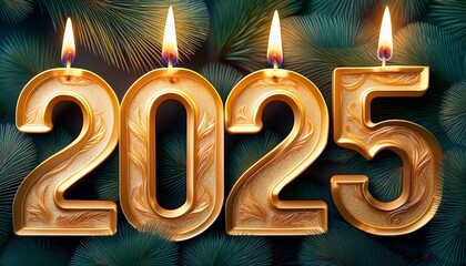 Numbers of year 2025 made by gold candles on background with fir tree branches