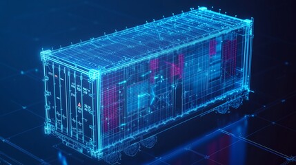 Abstract X-ray scanner analyzing freight containers, displaying glowing cargo shapes on a detailed digital grid with a dark blue background.
