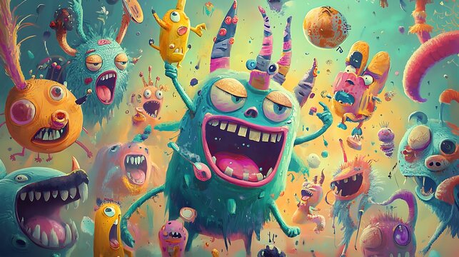 A lively cartoon illustration of whimsical characters in a colorful setting, each with unique features and playful expressions. 