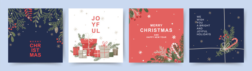 Merry Christmas and Happy New Year greeting card Set. Сute Xmas background with a christmas tree branches, snow, gift boxes. Vector templates for banner, invitation, poster, advertising, social media 