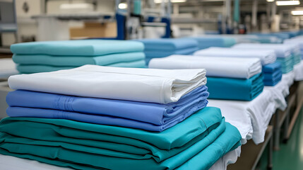Neatly Stacked Hospital Linen, Clean Fabric in Turquoise, White, and Blue Hues