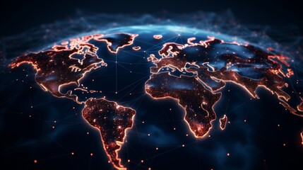 Futuristic global social network depicted on a blue world map with planet earth and tech elements