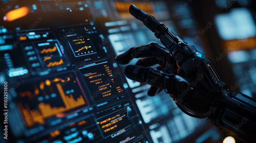 Poster robot or cyborg hand taps finger on chart of trading data of forex stock exchange. app or software w