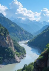 River Gorge, Mountain Vista, Snow-capped Peaks