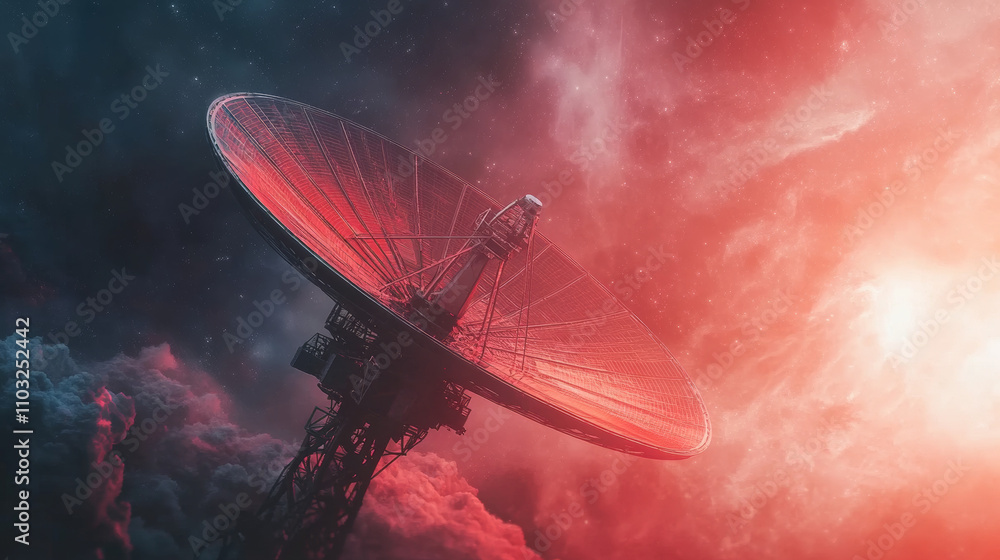 Poster a large satellite dish transmits and receives a signal from space. equipment for satellite tv and ra