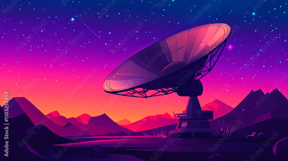 Poster a large satellite dish transmits and receives a signal from space. equipment for satellite tv and ra