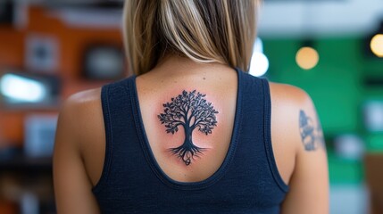 A stunning black tree tattoo elegantly positioned on a woman's back, symbolizing strength and resilience, beautifully illustrating the connection between femininity and nature's beauty.