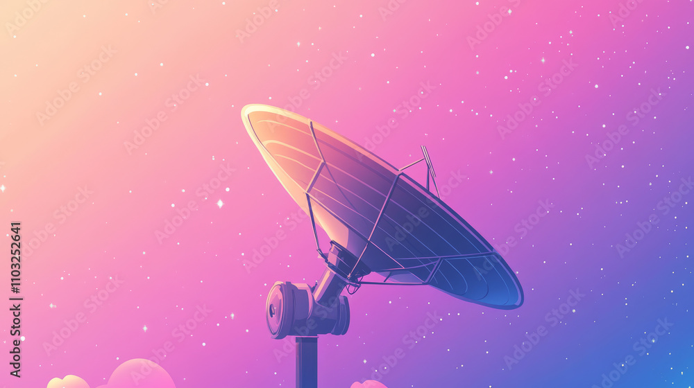 Poster a large satellite dish transmits and receives a signal from space. equipment for satellite tv and ra