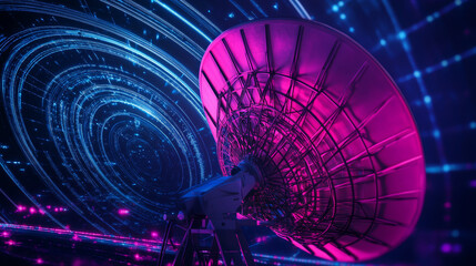 Abstract technology background. Abstract communication satellite dish transmits and receives a radio signal. Directional signal radiates in a spiral. VECTOR