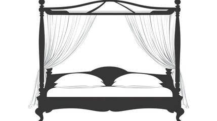 A clean and minimalist vector illustration of a canopy bed silhouette, featuring elegant lines and a simple, timeless design. The bed frame is depicted with a draped canopy overhead, 