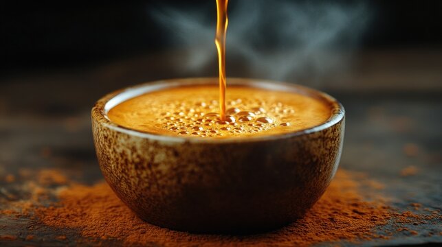 Steaming espresso shot pouring into a ceramic cup, bold and aromatic