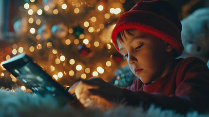 Boy in red christmas hat play on tablet at home near christmas tree in the evening.