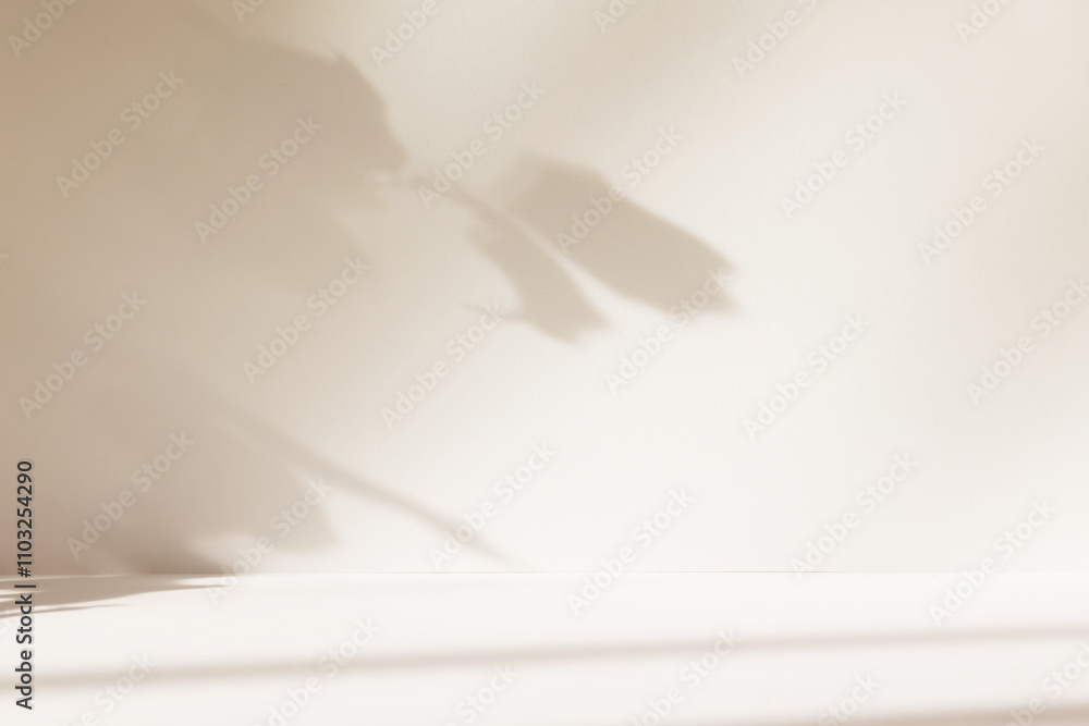 Poster Abstract beige color gradient studio background for product presentation. Empty room with shadows of window and flowers and plant leaves . 3d ivory room with copy space. Blurred backdrop.