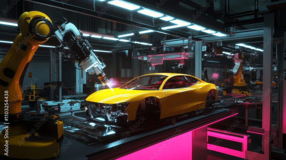 Poster robot welder in automobile industry. white robots welding car body on automobile factory. the robots