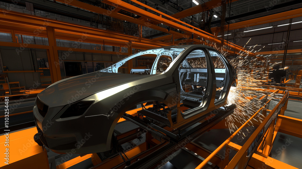Poster robot welder in automobile industry. white robots welding car body on automobile factory. the robots