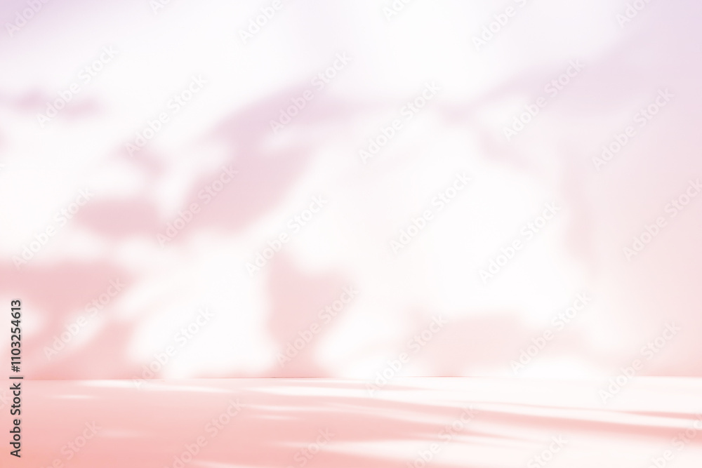 Poster Abstract pink color gradient studio background for product presentation. Empty room with shadows of flowers and plant leaves. 3d pastel room with copy space. Summer concept. Blurred backdrop