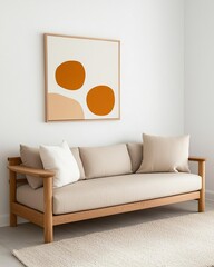japandi interior minimalism elements concept. A minimalist living room features a beige sofa with cushions and a modern abstract painting on the wall, creating a warm and inviting atmosphere.
