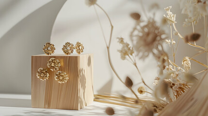 Imitation jewelry, golden bijouterie earrings on white background. White podium and dry flowers.